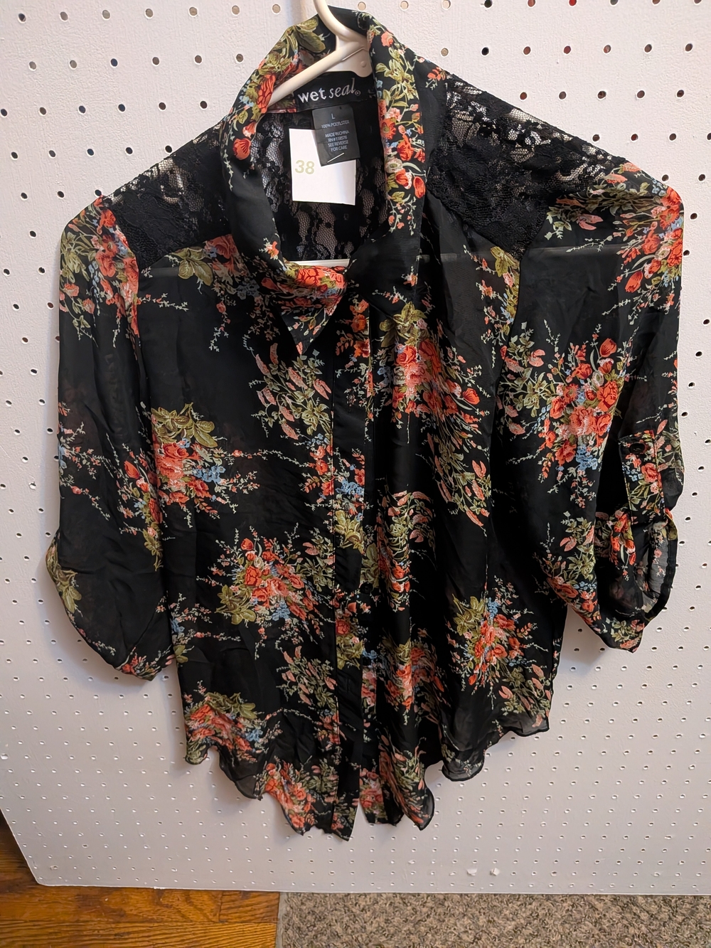 Wet Seal Black Floral Sheer Button-Up Blouse